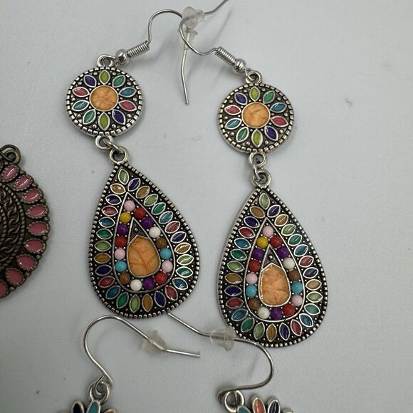 Lot Of 4 Boho Drop Earrings Pierced Colorful Teardrop Stones Tribal - Picture 3 of 5